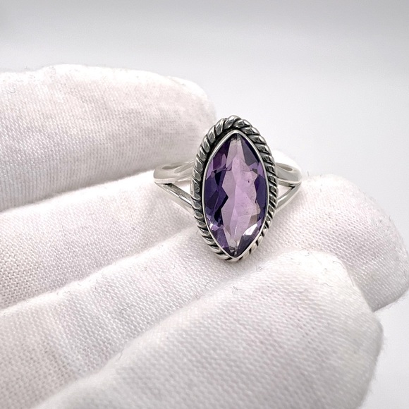 Genuine Faceted Marquise Amethyst .925 Sterling Silver Ring - Picture 6 of 17